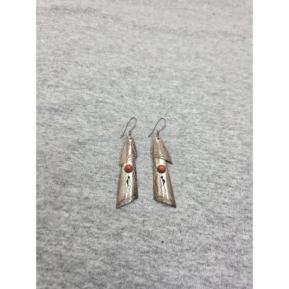 Vintage Navajo Sterling Silver Coral Kokopelli Southwestern Dangle Earrings